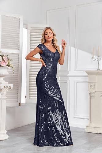 Image of XUIBOL Womens Sequined Short Sleeves Long Formal Dress with V-Neck for Evening Event Nightout Club Gown Silver Paillette