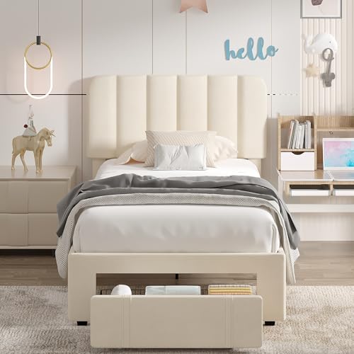 Image of VECELO Twin Size Upholstered Bed Frame with Drawer and Headboard, Velvet Platform Storage Bedframe, Wooden Slats Support, No Box Spring Needed,Bone Beige