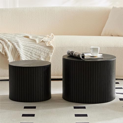 WAKEEPING Nesting Coffee Table Set of 2,Modern Round Wooden Coffee Tables with Storage, Luxury Fluted Side Table Accent End Table for Small Space Living Room Apartment (Black)