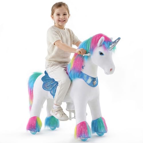 PonyCycle Rainbow Unicorn Ride-On for Kids Age 4-7 Mechanical Riding Toy with Brake Advanced Model Y454