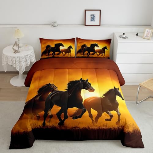 Feelyou Horse Comforter Set Full Size Western Cowboy Comforter Horse Running in The Sunset Bedding Set Soft All Season Farm Animal Quilted Duvet Set for Kids Boys Teens Machine Washable