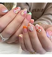 French Tip Press on Nails Short False Nails Oval Fake Nails with Colorful Flower Designs for Wome...