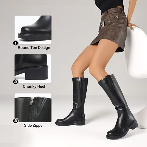 Eteridrey Wide Calf Knee High Boots for Women Round Toe Chunky Platform Tall Boots Comfortable Low Heel Faux Leather Boots with Side Zipper4