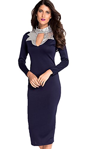 Robe de soirée bleu marine à manches longues chic signée YALI