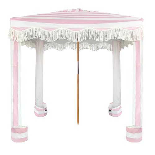 AMMSUN Beach Cabana with Fringe, 6'×6' Boho Beach Canopy with Tassels, Easy Set up & Premium Wood Pole, Cabana Tent with Sand Pockets, Instant Sun Shade for Sand, Garden, Patio, Rose Pink Stripes