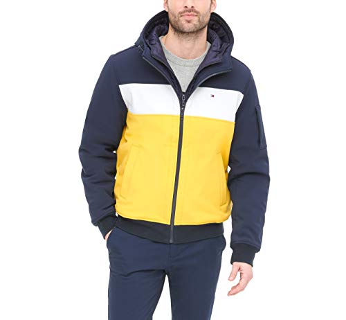 Image of Tommy Hilfiger Men's Soft Shell Fashion Bomber With Contrast Bib and Hood