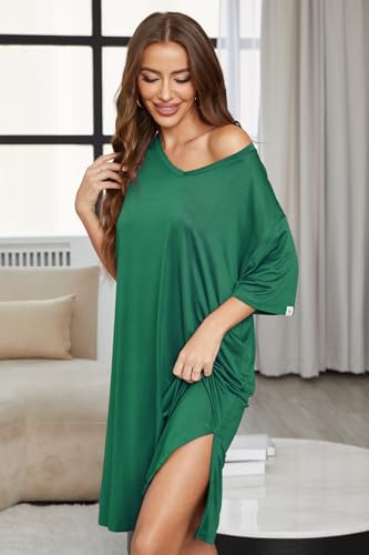 Image of ft FENTENG 2-Pack Women's Nightgowns Short Sleeve Nightshirt V Neck Soft Sleepwear Casual Sleepshirts Loose Pajama Dress