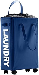 IHOMAGIC 40L Laundry Basket with Wheels Thin Laundry Hamper with Extended Handles  Fabric Laundry Washing Basket with Drawstring, Cloth Storage basket for Bedroom Living room (40L, Navy Blue)