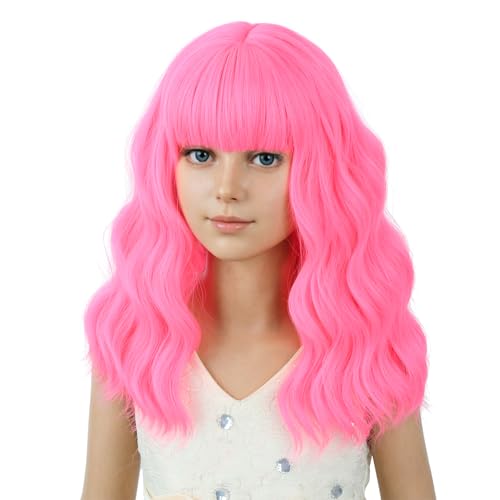 Image of PATTNIUM Neon Pink Wig for Kids Girs Short Curly Wavy Wigs with Bangs Light Pink Shoulder Length Wavy Heat Resistant Synthetic Wig