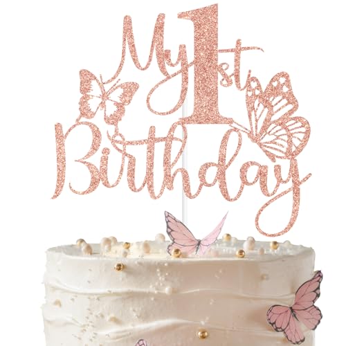 Rose Gold Glitter My 1st Birthday Cake Topper, One/Butterfly Happy 1st Birthday, Butterfly Themed Baby's 1st Birthday Party Decorations Supplies