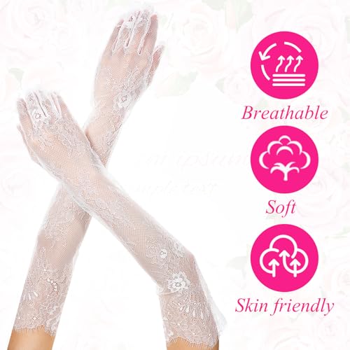 White Mesh Gloves, Soft Lace Gloves Long for Women Elbow Length Bridal and Party Accessory, Suitable for Women with Arm Circumference up to 11 Inches (28cm)4