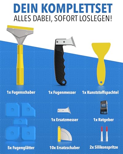23-tlg. Fugen-Set – Silikonentferner & Fugenschaber mit 10 Klingen, Fugenmesser mit Ersatzklinge, Kunststoffspachtel, 2 Silikonspritzen & 5 Fugenglätter für Bad, Küche & Fliesen