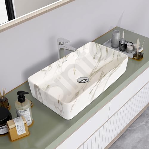 Image of Plantex Wash Basin for Bathroom /Ceramic Tabletop WashBasin /Sink /Basin for Bathroom /Restaurant, Hotel (Marble Finish, 24 x 13 x 5 Inch)