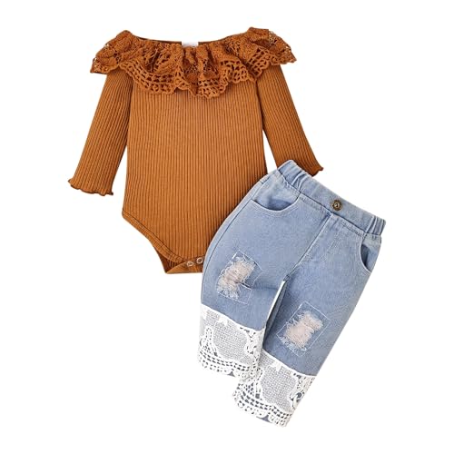 Image of Tikoubabe Baby Girl Clothes Toddler Outfit Infant White Lace Romper Long Sleeve + Jeans Pants Clothing Set