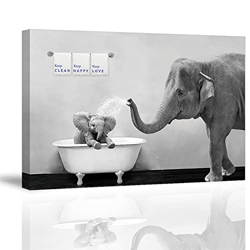Piy Painting Elephant Bathroom Decor Wall Art, Funny Canvas Prints of Mother and Child Playing Water in Bath Crock, Warm Bathtub Picture with KEEP CLEAN, KEEP HAPPY, KEEP LOVE Words Motivating Kids.