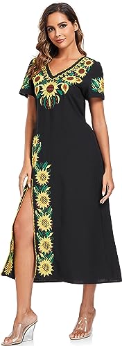 Image of YZXDORWJ Women Mexican Embroidered Dress V Neck Sexy Maxi Short Sleeve Casual Beach Split Dress