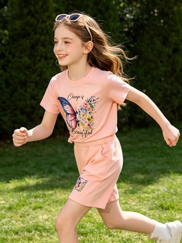 Image of 7-14Y Tween Girl Clothes 2 Piece Short Sleeve Tie Dye Heart Print Top and Shorts Teen Girl Summer Outfits Short Set