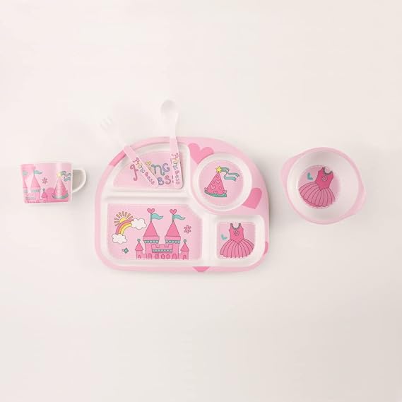 Kids Dinnerware Set Bamboo 5 Pcs Plate Bowl Cup Fork Spoon (Princess)