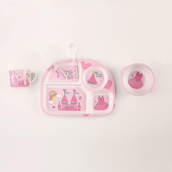 Kids Dinnerware Set Bamboo 5 Pcs Plate Bowl Cup Fork Spoon (Princess)