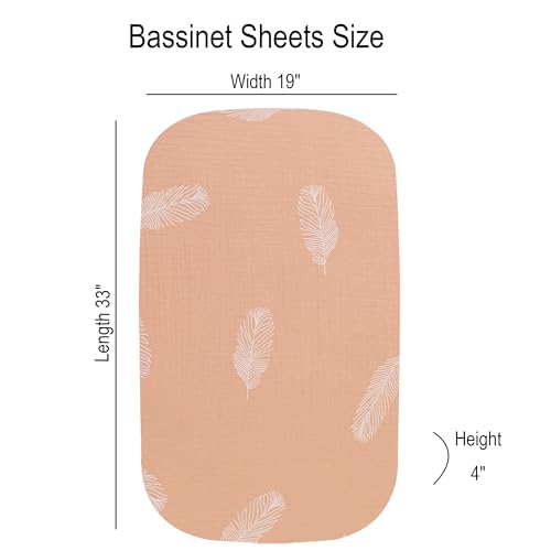 Image of Onacosht Muslin Bassinet Sheets 3 Pack, 33 inchx19 inch, Solid Pink and Feather | Compatible with Mika Micky, KoolaBaby 3-in-1, Baby Delight & Dream on Me Rectangle Bedside Mattress, baby girl,100% Cotton
