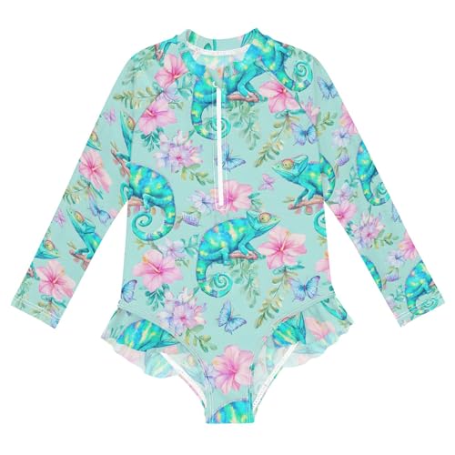 Traje de baño de una pieza para niñas con estampado de flores camaleón manga larga de 3 a 12 años