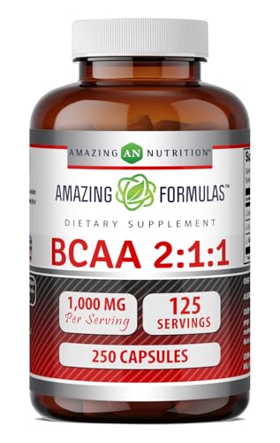 Amazing Formulas BCAA 2:1:1 1000 Mg Per Serving | Capsules | Branched Chain Amino Acids Supplement | Non-GMO | Gluten-Free | Made in USA (250 Count Pack of 1)