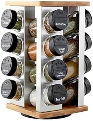 Kamenstein 16 Jar Warner Revolving Countertop Spice Rack Organizer with Lift & Pour Caps and Spices Included, FREE Spice Refills for 5 years, Stainles...