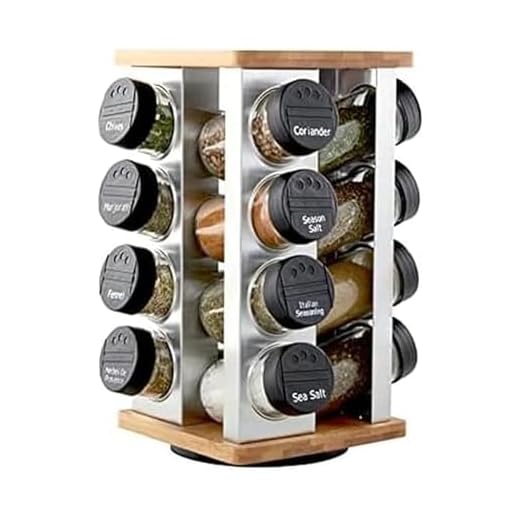 Kamenstein 16 Jar Warner Revolving Countertop Spice Rack Organizer with Lift & Pour Caps and Spices Included, FREE Spice Refills for 5 years, Stainless Steel & Bamboo with Black Caps