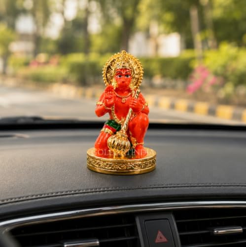 Image of Gold Art India Hanumanji Sitting with Gada Gold Plated Hanuman Statue for Car Dashboard, Hanuman ji murti for Home Decor, Office Shelves, and Gifts