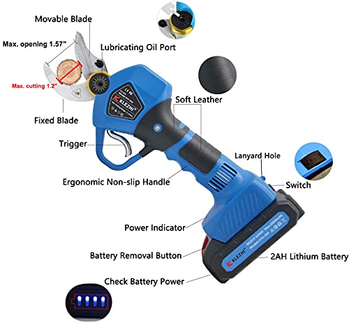 K KLEZHI Professional Cordless Electric Pruning Shears with 2 PCS Backup Rechargeable 2Ah Lithium Battery Powered Tree Branch Pruner, 30mm (1.2 Inch) Cutting Diameter, 6-8 Working Hours - Image 3