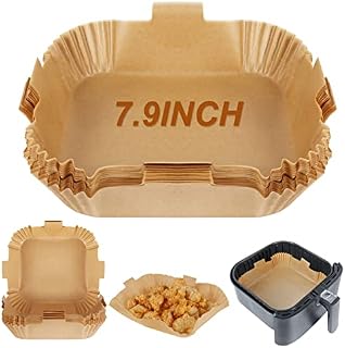 BYKITCHEN Air Fryer Liners Square, 7.9 Inch Large Air Fryer Disposable Liners , Greaseproof Parchment Paper for Air Fryer, Compatible with COSORI, Ninja, Tower Cosori (Unbleached, 50PCS