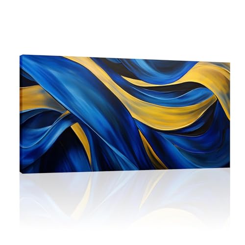 Art mural abstrait bleu et or en toile marbre poster salon grand format 80x160cm