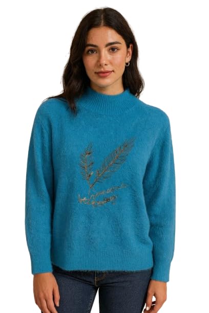 Elegant Mock Neck Wool Sweater with Gold Embroidered Pattern, Winter Casual Wear-image-5