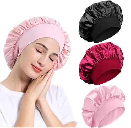 Azonee 3Pcs Satin Bonnet Silk Bonnet Soft Satin Head Scarf with Wide Elastic Band for Curly Hair, Hair Bonnet Silk Hair Wrap Hat Headwear Head Cover Turbansfor Sleeping, Night Sleep Cap for Women