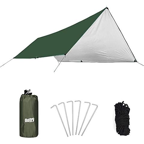 Outry Multifunctional waterproof Fly Tent Tarp, Anti-UV Lightweight Camping Shelter Outdoor Footprint Rainfly Hammock Fly - Tent Stakes and Ropes Included (Green, M - 300cm x 400cm) Cover