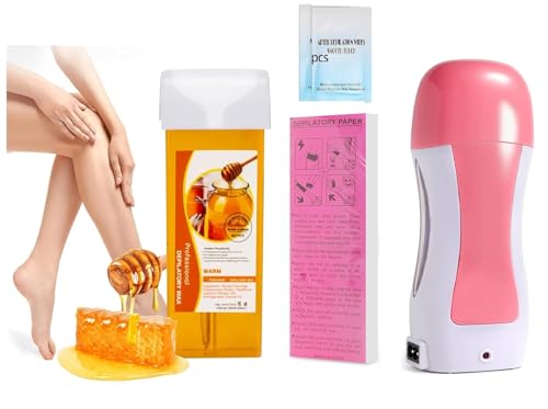 Image of KAHRAL Roll-On Wax Warmer Kit for Hair Removal - Includes Wax Warmer, Refill Cartridges, and Wax Strips for Women (Pack of 3) - Waxing Kit (Honey Wax Roller)