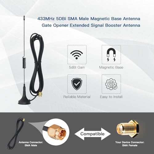 433MHz 5dBi Gain Omni SMA Male Adapter Antenna with Magnetic Base 3M(9.8ft) RG174 Extension Cable for Gate Opener Extended Signal Booster Antenna by X X-HOUSE - Image 5