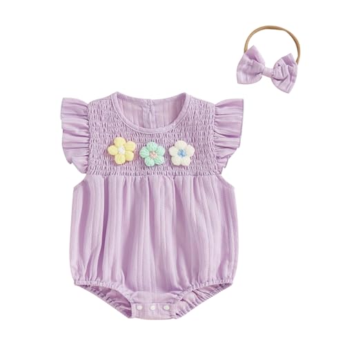 Image of Amnnchya Newborn Baby Girl Outfits Cute 3D Knit Floral Summer Clothes Infant Fly Sleeve Bubble Romper Headband Clothing