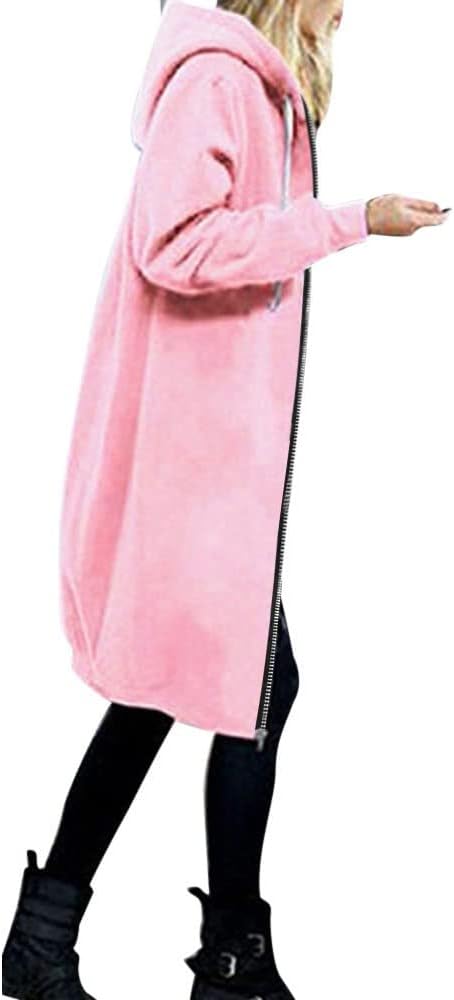 Women's Solid Color Casual Sweatshirt Long Sleeved Full Zip Drawstring Hooded Jacket Fall Winter Lightweight Fashion Mid Length Coat with Pocket Comfy Cosy Oversized Hoodies Comfortable Sweater