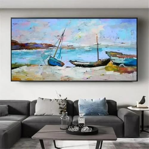 LZJAGXX Dipinto su tela Barca sulla spiaggia con vista sul mare Moderna arte murale Stampe su tela per la decorazione della casa Poster del villaggio di pescatori 40x80cm senza cornice