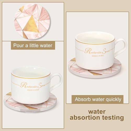Image of Modern Wood Coasters with Holder Absorbent Drink Coaster Set of 6 Pink Golden Wood Cup Coasters Gift Decorative Coffee Table Coasters Cute Bar Coaster Beverages Tea Cork Coasters