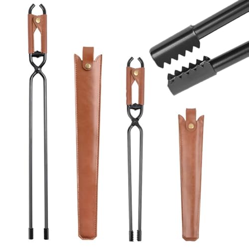 WIIYENA Pinzas de fuego resistentes para parrilla, camping y chimenea, acero al carbono, agarre de cuero, puntas dentadas