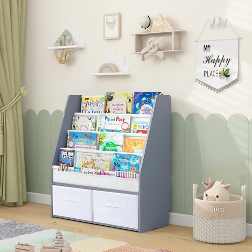 Image of MallBest Solid Wood Toddler Bookshelf with Storage Bins – Montessori-Inspired Front-Facing Book Rack for Kids, Ages 1-5, Easy Assembly, Grey