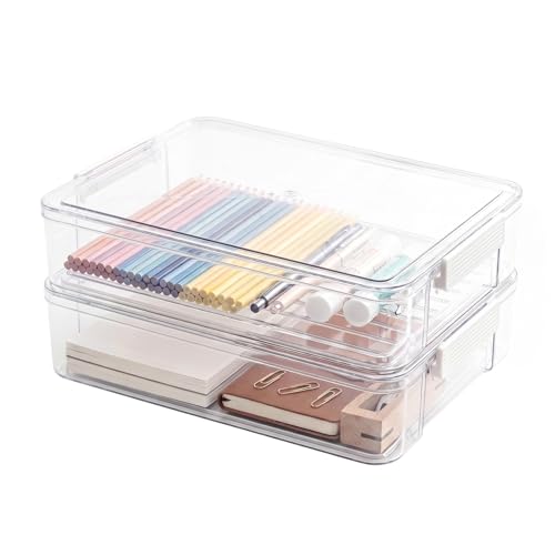 Image of FERNVALE 2Pcs A4 File Storage Box with Lid Clear Plastic Stackable Document Organizer Case Transparent Paper Storage Container with Snap Lock for Files Certificates Stationery Photos Use