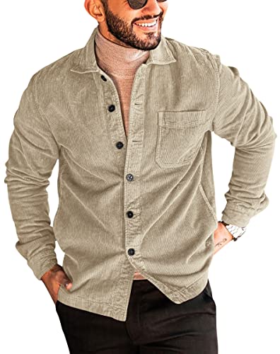 Gafeng Herren-Hemdjacke aus Cord, langärmelig, mit Knopfleiste, lässig, Fleece, für Herbst und Winter, mit Tasche, khaki, Medium Cover
