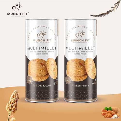 Image of Munch Fit Healthy Multimillet Cookies 125gm Pack of 2 | Egg Less Cookies Made Desi Khand with Jowar Ragi Bajra Cookies | Gluten Free, No Maida, No Added Sugar | 100% Natural Crunchy Snacks