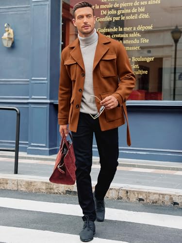 Pretifeel Mens Trench Coat Slim Fit Wool Blends Business Lapel Belted Overcoat Winter Casual Peacoat Jacket4