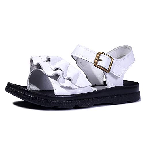 Folltoshe Girls Leather Sandals Cute Open Toe Ruffle Fashion Flat Princess Sandals Hook and Loop Summer Shoes (Toddler/Little Girls) White