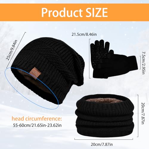 Tbintul Wintermütze, Schal und Touchscreen Handschuhe Set für Herren Damen, Fleecefutter Warme Knit Hut Loop Schal Rutschfeste Handschuhe, Elastische Mütze, für Herren & Damen (Schwarz)