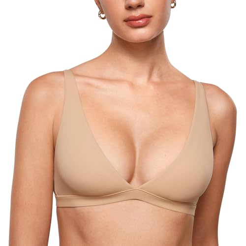 INLYRIC Women's Inbarely Soft Plunge Bralette - Deep V Unlined Triangle No Padding No Underwire Sexy Comfort Sleep Bra Warm Beige Medium